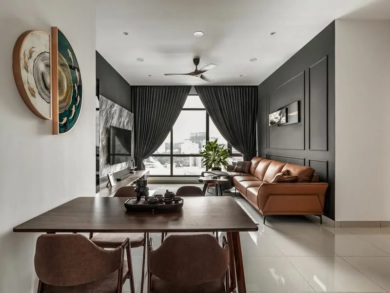 Living features: 3-seater leather sofa in brown, wooden coffee table, wall-mounted TV, feature wall with textured finish, floor-to-ceiling windows, blackout curtains, ceiling fan with light, decorative wall art, potted plant, glossy tile flooring, recessed downlights; style: modern; view: city. Dining features: 4-seater dining table, wooden dining chairs, decorative centerpiece; style: modern.
