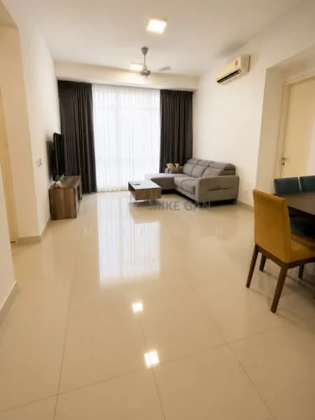 Living features: grey fabric sofa, coffee table, TV console, wall-mounted TV, floor-to-ceiling windows, sheer curtains, dark curtains, ceiling fan, recessed LED downlights, polished tile flooring, air conditioning unit; style: modern.