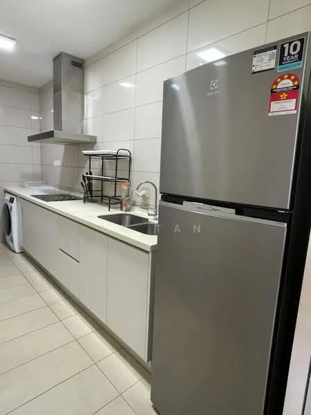 Kitchen features: white cabinets, stainless-steel refrigerator, single-bowl stainless-steel sink, chrome pull-down faucet, built-in oven, ceramic tile flooring, white tiled backsplash, exhaust hood, countertop with straight edge, open shelving, washing machine, wall-mounted storage rack; style: modern.