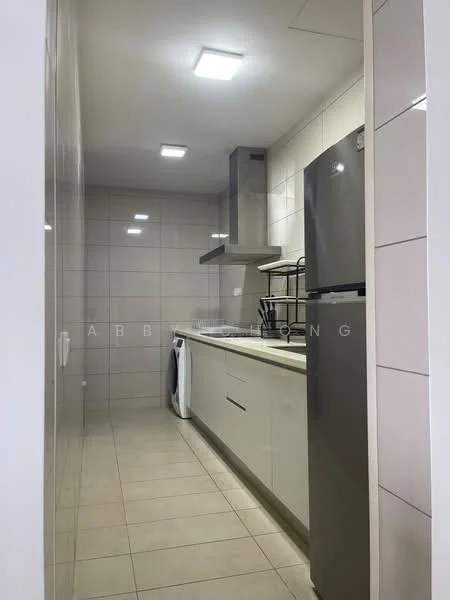 Kitchen features: white cabinetry, stainless-steel fridge, built-in oven, ceramic tile flooring, grey tiled backsplash, stainless-steel range hood, single-bowl stainless-steel sink, chrome pull-down faucet, washing machine, recessed LED downlights, countertop with space for appliances, open shelving; style: modern.