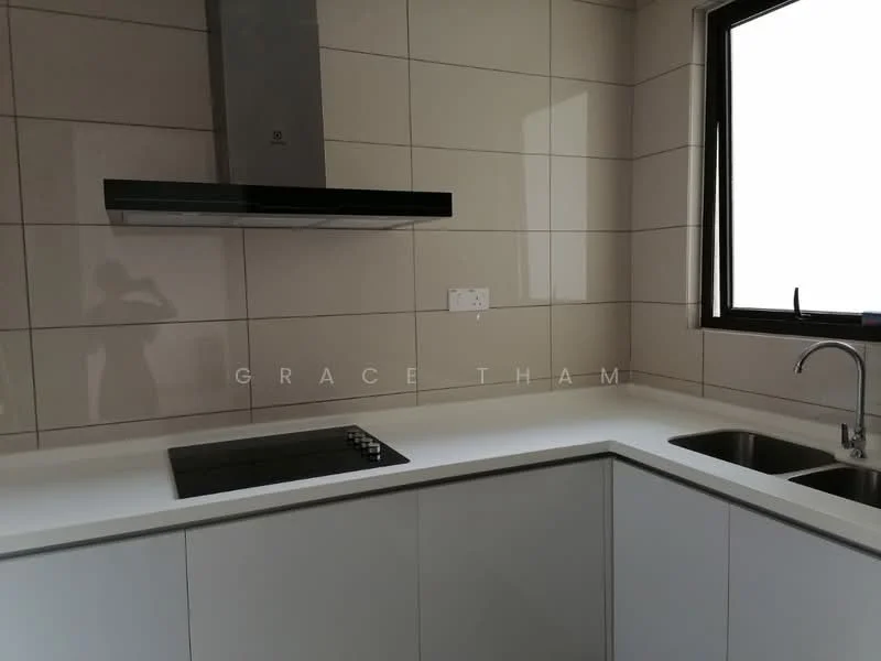 Kitchen features: white cabinetry, white countertop, stainless-steel sink, double-bowl stainless-steel sink, chrome pull-down faucet, built-in oven, 4-burner gas hob, stainless-steel range hood, wall tiles with glossy finish, window with black frame, under-cabinet lighting; style: modern.