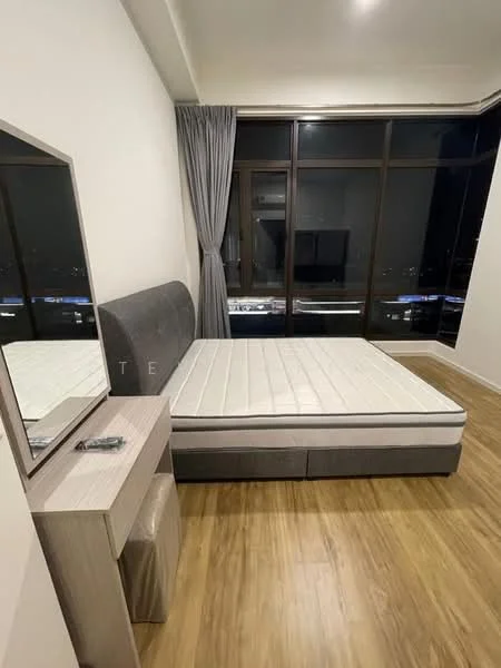 Bedroom features: queen-size bed frame with mattress, grey upholstered headboard, wooden flooring, floor-to-ceiling windows, curtains, mirror on dresser, dresser with drawers, decorative wall, nightstand; style: modern; view: city.