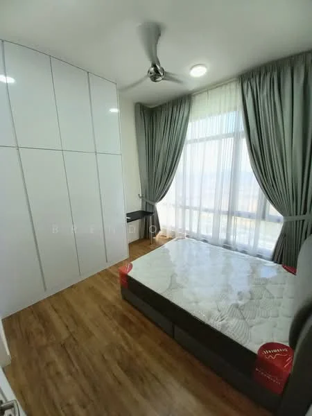Bedroom features: queen-size bed, upholstered headboard, built-in wardrobe with white glossy finish, wooden flooring, floor-to-ceiling windows, sheer curtains, ceiling fan, decorative wall, study desk, area rug; style: modern; view: city.