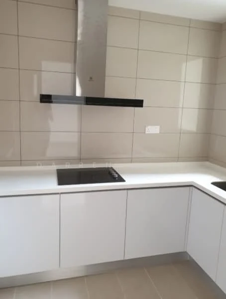 Kitchen features: white cabinetry, flat-panel cabinets, stainless-steel range hood, built-in cooktop, white countertop, grey tiled backsplash, single-bowl stainless-steel sink, wall-mounted electrical outlets, tile flooring; style: modern.