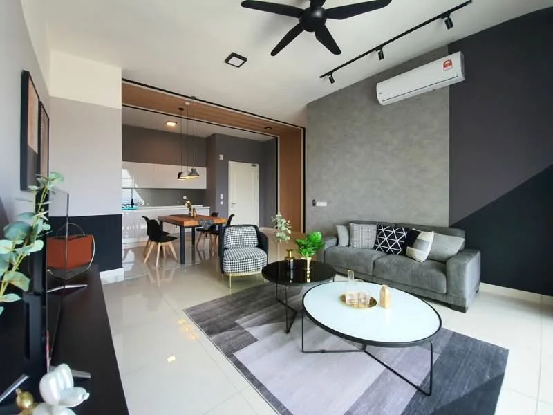 Living features: grey fabric sofa, black and white patterned armchair, round coffee table with white top and black base, area rug with geometric pattern, wall-mounted TV, 5-blade ceiling fan with light, recessed downlights, decorative wall with grey accent, sliding glass door, air conditioning unit, decorative plants in ceramic pots, black and white artwork on walls; style: modern. Dining features: wood dining table for four, black dining chairs, pendant lighting above dining table; style: modern.