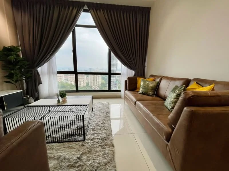 Living features: brown leather sofa, decorative cushions in green and yellow, glass coffee table, area rug with soft texture, floor-to-ceiling windows, grey curtains, indoor plant, city view; style: modern; view: city.