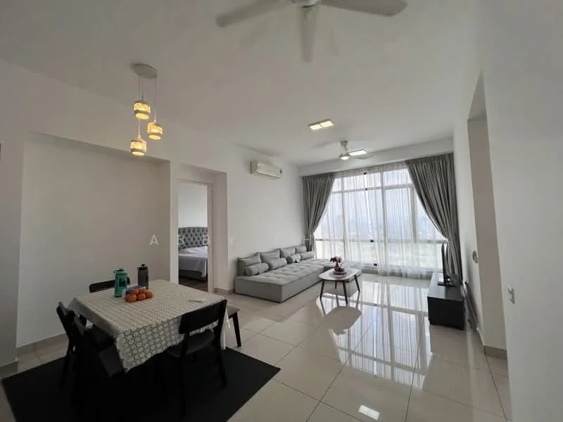 Living features: grey sectional sofa, coffee table, wall-mounted TV, floor-to-ceiling windows, sheer curtains, recessed downlights, 5-blade ceiling fan, white painted walls, glossy tile flooring; style: modern; view: city. Dining features: 6-seater dining table, black dining chairs, tablecloth, fruit bowl with oranges, water bottle, decorative vase; style: modern.