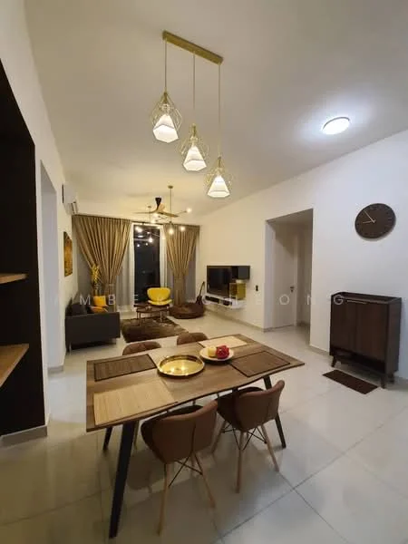 Living features: 3-seater fabric sofa in grey, yellow accent chair, wooden dining table, 4 upholstered dining chairs, pendant lighting with three fixtures, wall-mounted TV, TV console, decorative wall clock, curtains in beige, recessed ceiling lights, white painted walls, ceramic tile flooring; style: modern.