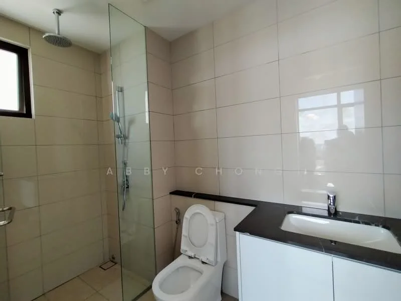 Bathroom features: walk-in shower with glass enclosure, rain shower head, chrome basin mixer, single-sink vanity with white cabinet, white tiled walls, dark countertop, one-piece toilet, window for natural light; style: modern.
