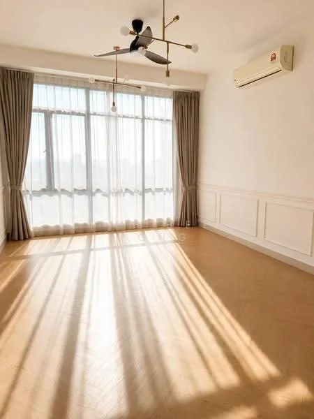 Living features: large floor-to-ceiling windows, sheer curtains, 5-blade ceiling fan with light, light wood flooring, white painted walls, crown moulding, wall-mounted air conditioning unit, natural light casting shadows; style: modern; view: city.