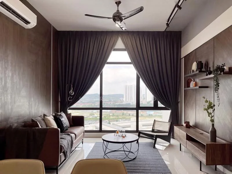 Living features: floor-to-ceiling windows, grey curtains, 3-seater fabric sofa in dark brown, coffee table with metal frame, wooden TV console, decorative wall shelf, area rug with geometric pattern, ceiling fan, wall-mounted air conditioning unit, decorative plants; style: modern; view: city.