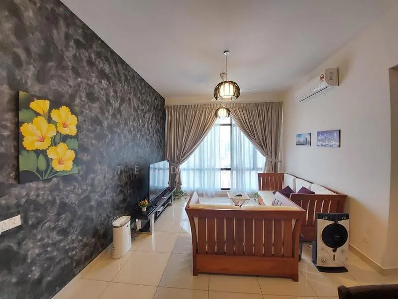 Living features: grey accent wall, cream painted walls, floor-to-ceiling windows, curtains, 3-seater wooden sofa, coffee table, TV console, wall-mounted TV, air conditioning unit, decorative wall art, area rug, laminate flooring, ceiling light fixture; style: modern.