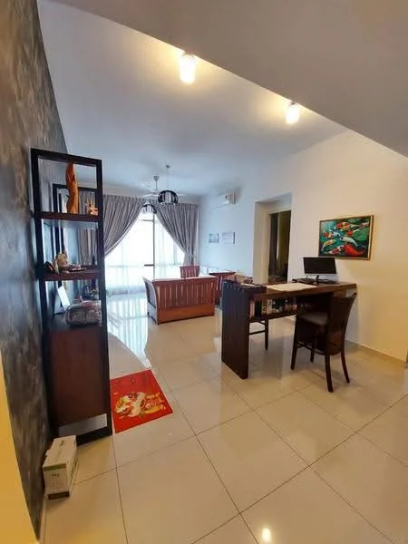 Living features: grey accent wall, white painted walls, glossy tile flooring, sofa in brown wood, coffee table, floor-to-ceiling windows, sheer curtains, chandelier, decorative wall art, study desk with chair, bookshelf, area rug with floral pattern, air conditioning unit; style: modern; view: city.