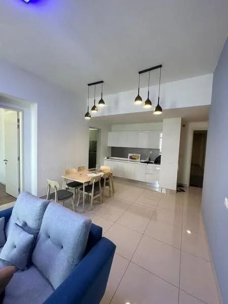 Kitchen features: white cabinetry, marble countertop, stainless-steel sink, chrome pull-down faucet, built-in oven, freestanding range oven, refrigerator, pendant lighting, tile flooring, open-plan layout, dining table with chairs, wall-mounted cabinets; style: modern. Living features: blue fabric sofa, coffee table, area rug, wall-mounted TV, light-colored walls, recessed lighting; style: modern.