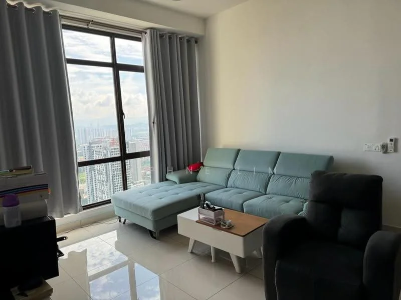 Living features: 3-seater fabric sofa in light blue, ottoman with storage, white coffee table, floor-to-ceiling windows, grey curtains, white painted walls, glossy tile flooring, city view, decorative items on coffee table, black armchair; style: modern; view: city.