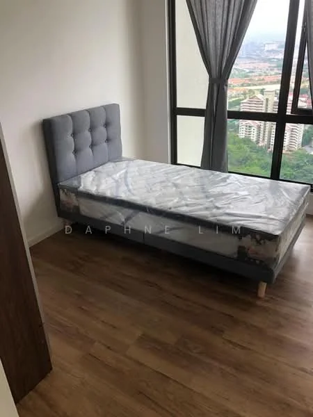 Bedroom features: queen-size bed, upholstered headboard, wooden flooring, floor-to-ceiling windows, grey curtains, city view, bedside space, light-colored walls; style: modern; view: city.