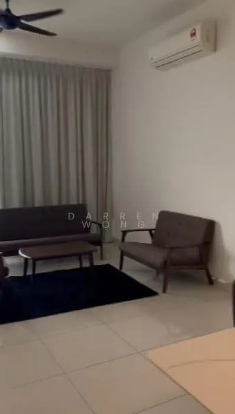 Living features: 2-seater fabric sofa in grey, 2 armchairs in grey, coffee table, area rug in black, wall-mounted split AC, floor-to-ceiling curtains in light grey, cream painted walls, tile flooring, ceiling fan; style: modern.