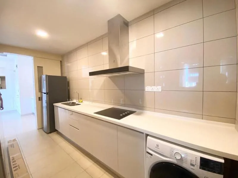 Kitchen features: white cabinetry, grey tiled backsplash, white countertop, stainless-steel sink, chrome pull-down faucet, built-in oven, 4-burner gas hob, stainless-steel range hood, fridge, front-load washing machine, wall-mounted cabinets, tile flooring, recessed downlights; style: modern.