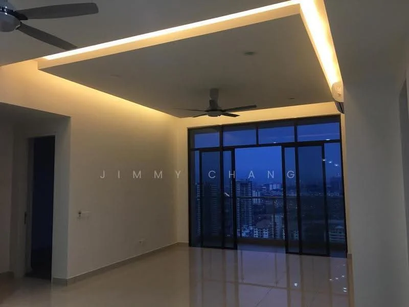 Living features: white painted walls, polished ceramic tile flooring, tray ceiling with recessed lighting, 5-blade ceiling fan, floor-to-ceiling windows, city view, LED strip lighting, sliding glass door; style: modern; view: city.