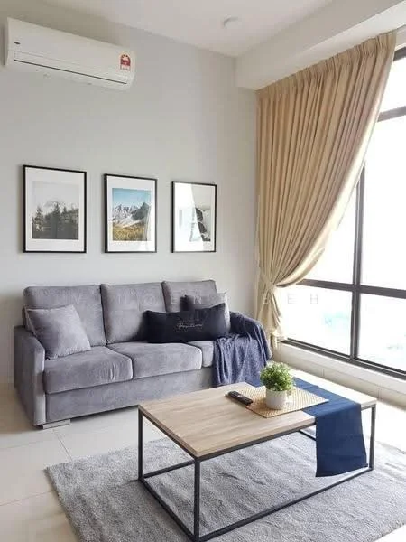 Living features: 3-seater fabric sofa in grey, wood coffee table with metal frame, area rug with neutral color, floor-to-ceiling windows, sheer curtains, wall-mounted split AC, framed artwork on walls, decorative plant on coffee table; style: modern; view: city.
