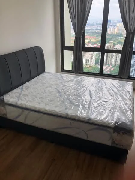 Bedroom features: queen-size bed, upholstered headboard, wooden flooring, floor-to-ceiling windows, sheer curtains, city view, decorative wall, mattress with protective cover; style: modern; view: city.