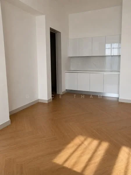 Room features: light wood herringbone flooring, white painted walls, white cabinetry with flat-panel doors, marble backsplash, natural light from windows, high ceiling, neutral color palette, open layout; style: modern.