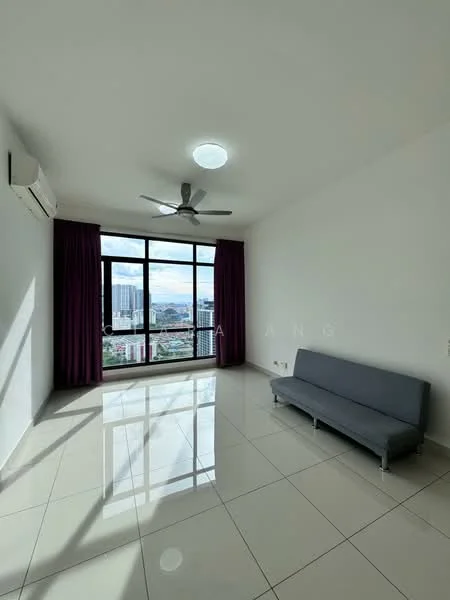 Living features: floor-to-ceiling windows, grey fabric sofa, white painted walls, glossy tile flooring, 5-blade ceiling fan with light, air conditioning unit, purple curtains, natural light from windows; style: modern; view: city.
