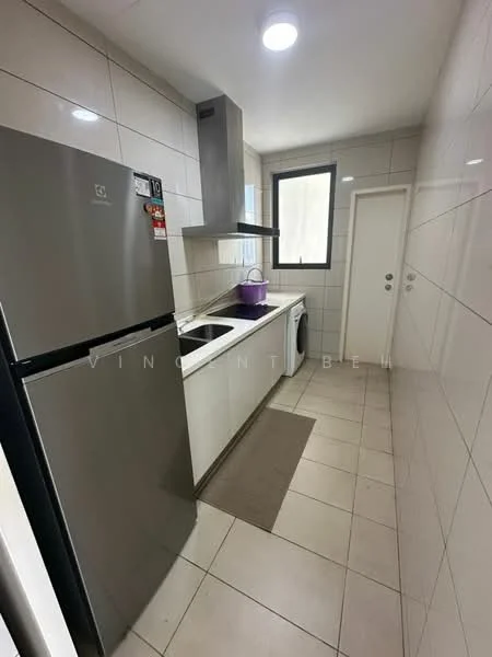 Kitchen features: stainless-steel fridge, built-in oven, single-bowl stainless-steel sink, chrome pull-down faucet, white cabinetry, grey countertop, ceramic tile flooring, recessed downlights, window for natural light, washing machine, door leading to another area, neutral wall tiles; style: modern.