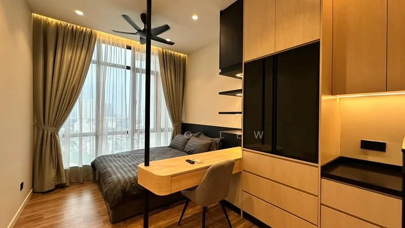Bedroom features: queen-size bed with grey bedding, wooden bedside table, built-in wardrobe with black glass doors, study desk with wooden surface, grey upholstered chair, floor-to-ceiling windows with sheer curtains, wooden flooring, ceiling fan with light, wall-mounted shelves, decorative wall lighting; style: modern; view: city.