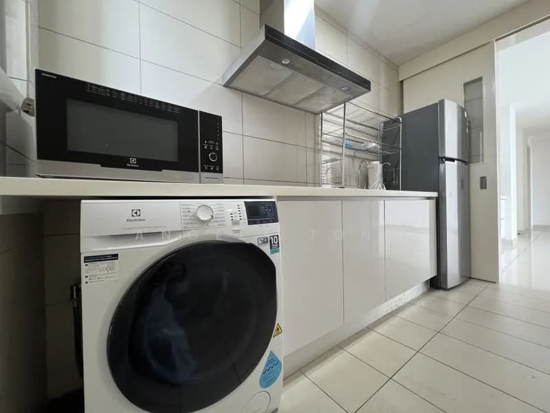 Kitchen features: white cabinetry, stainless-steel refrigerator, built-in microwave, front-load washing machine, stainless-steel range hood, white tiled backsplash, ceramic tile flooring, countertop with storage, open shelving; style: modern.