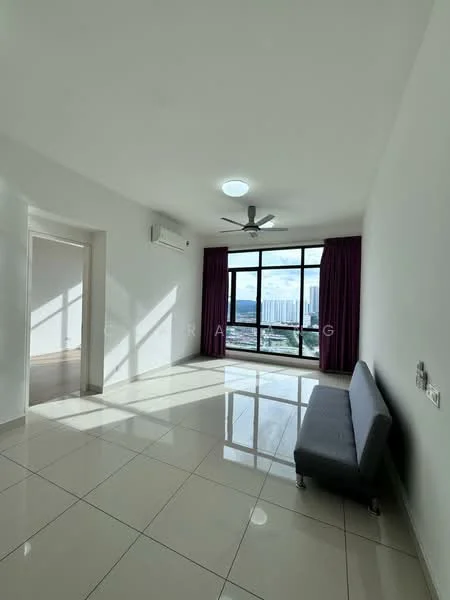 Living features: white painted walls, glossy tile flooring, 5-blade ceiling fan with light, floor-to-ceiling windows, purple curtains, sofa, air conditioning unit, natural light from windows; style: modern; view: city.