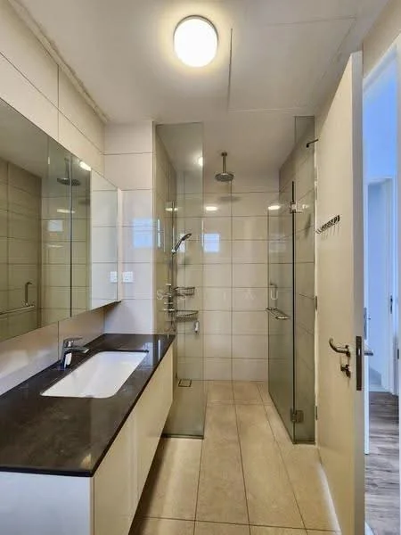 Bathroom features: single-sink vanity with dark countertop, mirror above vanity, glass shower enclosure, rain shower head, handheld shower, wall-mounted faucet, white tiled walls, beige floor tiles, recessed ceiling light, built-in shelving, sliding door, towel rack; style: modern.