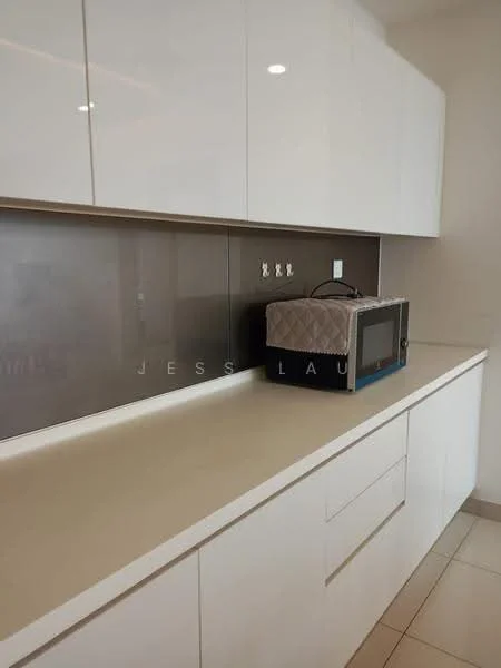 Kitchen features: white cabinetry, flat-panel cabinets, light-colored countertop, grey backsplash, built-in microwave, undermount sink, wall-mounted electrical outlets, ceramic tile flooring; style: modern.