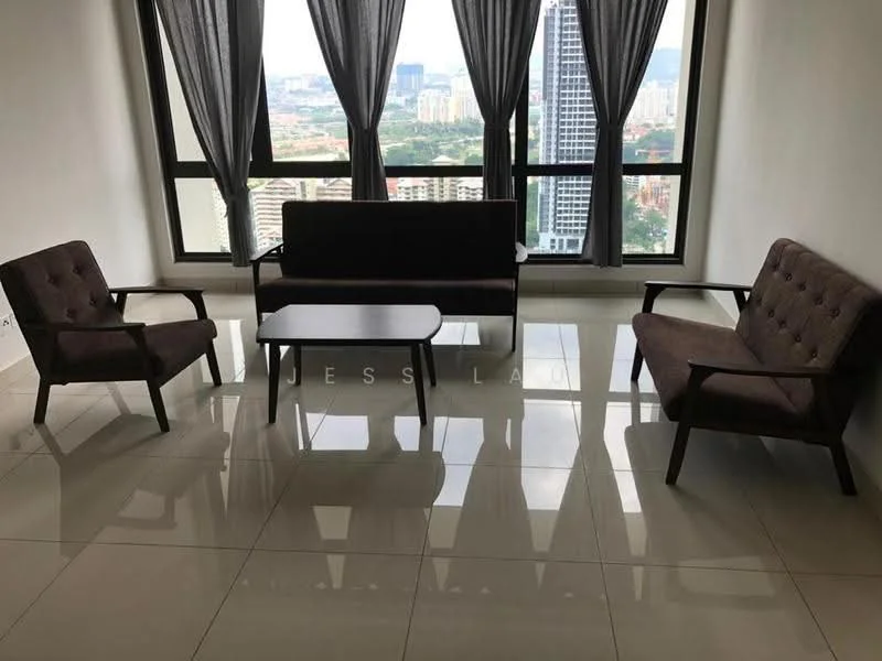 Living features: floor-to-ceiling windows, grey fabric 3-seater sofa, 2 grey fabric armchairs, dark wood coffee table, white tiled flooring, curtains in grey, city view, natural light from windows; style: modern; view: city.