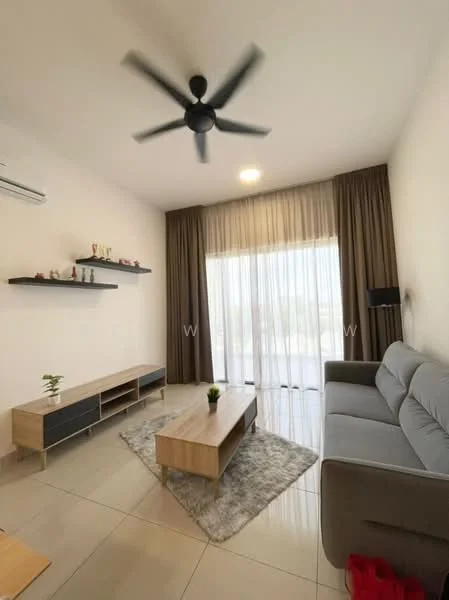 Living features: 3-seater fabric sofa in grey, coffee table, TV console, area rug, 5-blade ceiling fan, floor-to-ceiling windows, sheer curtains, wall-mounted shelf, light-colored tiled flooring, decorative plant; style: modern; view: garden.