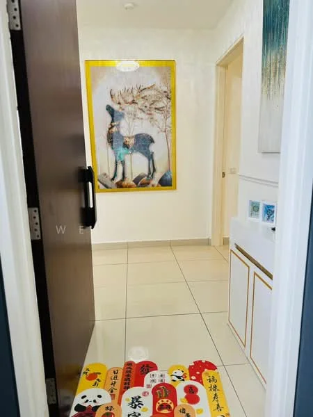 Room features: white painted walls, glossy tile flooring, framed artwork with deer, decorative wall art, decorative welcome mat with animal designs, door with handle, light fixture on ceiling; style: modern.