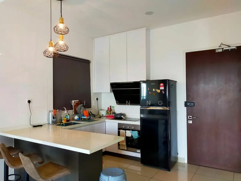 Kitchen features: white cabinetry, black built-in oven, stainless-steel fridge, single-bowl stainless-steel sink, chrome pull-down faucet, grey countertop, pendant lighting, tile flooring, kitchen island with seating, window with roller blinds; style: modern.