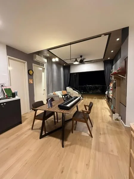 Dining features: wooden dining table, 4 wooden dining chairs, piano keyboard, floor-to-ceiling windows, grey accent wall, recessed downlights, ceiling fan, light wood flooring, open shelving unit, decorative items on shelves, curtains, wall-mounted clock; style: modern; view: city.