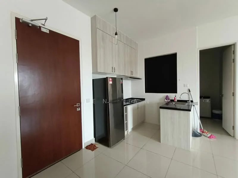 Kitchen features: white painted walls, cream cabinetry, black granite countertop, stainless-steel fridge, built-in kitchen cabinets, single-bowl stainless-steel sink, chrome pull-down faucet, ceramic tile flooring, recessed downlights, pendant light, window with no visible treatment, door leading to hallway; style: modern.
