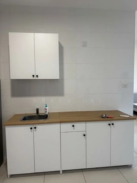 Kitchen features: white cabinetry with flat-panel doors, wooden countertop, single-bowl stainless-steel sink, chrome faucet, tile backsplash, white tiled walls, ceramic tile flooring, under-sink cabinet, two upper cabinets; style: modern.
