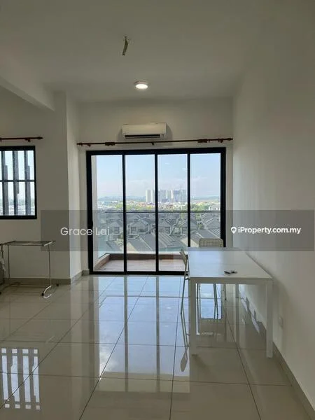 Room features: white painted walls, glossy ceramic tile flooring, floor-to-ceiling windows, sliding glass door, air conditioning unit, dining table, chairs, city view; style: modern; view: city.