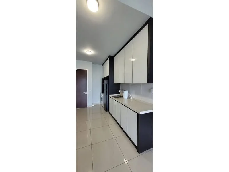 Kitchen features: white glossy cabinetry, black lower cabinetry, marble countertop, stainless-steel fridge, built-in oven, ceramic tile flooring, recessed ceiling lights, single-bowl stainless-steel sink, chrome pull-down faucet, washing machine, wall-mounted cabinets, neutral wall colour; style: modern.