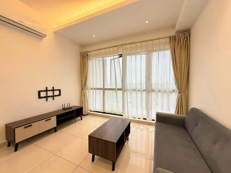 Living features: grey fabric 3-seater sofa, wooden coffee table, TV console with storage, floor-to-ceiling windows, sheer curtains, white painted walls, recessed downlights, glossy tile flooring, air conditioning unit; style: modern; view: city.
