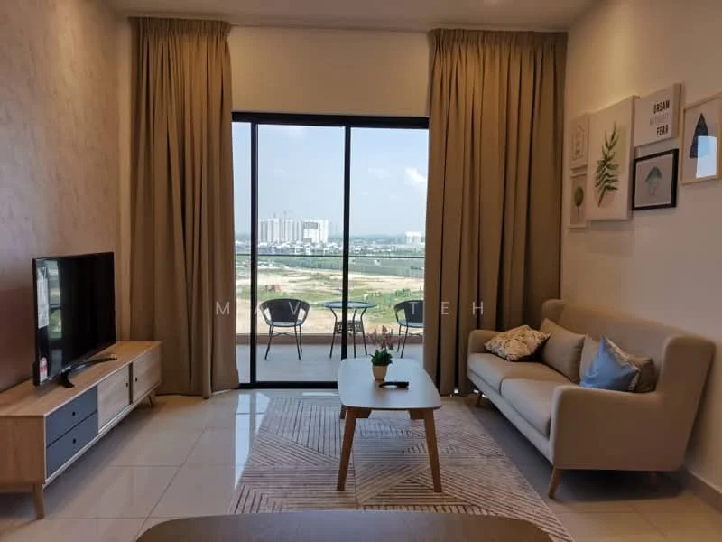 Living features: sofa in light grey fabric, coffee table, TV console, wall-mounted TV, area rug with geometric pattern, floor-to-ceiling sliding glass door, curtains in beige, decorative wall art, plant in ceramic pot, light-colored wall, white tiled flooring; style: modern; view: city.