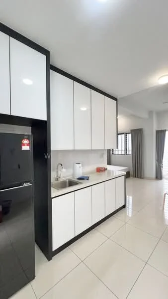 Kitchen features: white cabinetry with flat-panel doors, black countertop, stainless-steel sink, chrome pull-down faucet, built-in refrigerator, ceramic tile flooring, recessed downlights, window with sheer curtains, open layout to living area; style: modern.