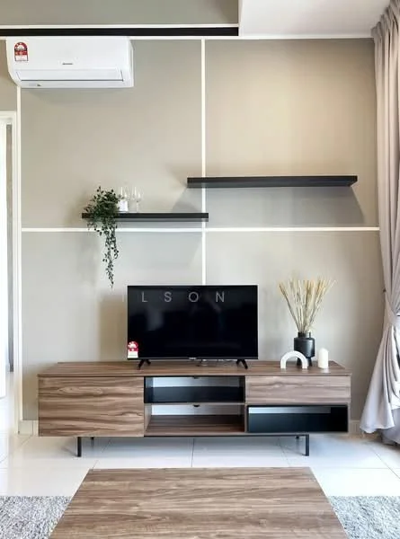 Living features: light grey painted walls, white accent wall with horizontal lines, white ceiling, wall-mounted split AC, wooden TV console, black floating shelves, flat-screen TV, decorative plant in ceramic pot, decorative vase, area rug, tile flooring; style: modern.