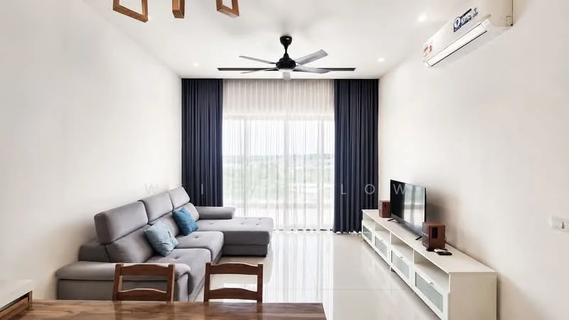 Living features: 3-seater fabric sofa in grey, 2-seater fabric sofa in blue, coffee table, wall-mounted TV, TV console in white, floor-to-ceiling windows, sheer curtains, blackout curtains, recessed LED downlights, 5-blade ceiling fan with light, polished tile flooring, air conditioning unit; style: modern; view: city.