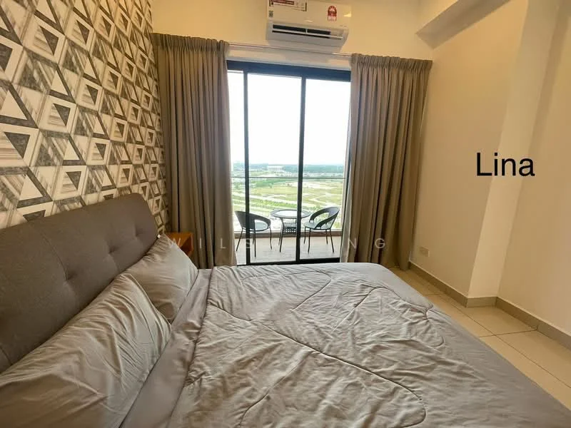 Bedroom features: king-size bed, upholstered headboard, bedside lamps, floor-to-ceiling windows, sliding glass door, sheer curtains, grey patterned wallpaper, light-colored tile flooring, air conditioning unit, balcony view; style: modern; view: city.
