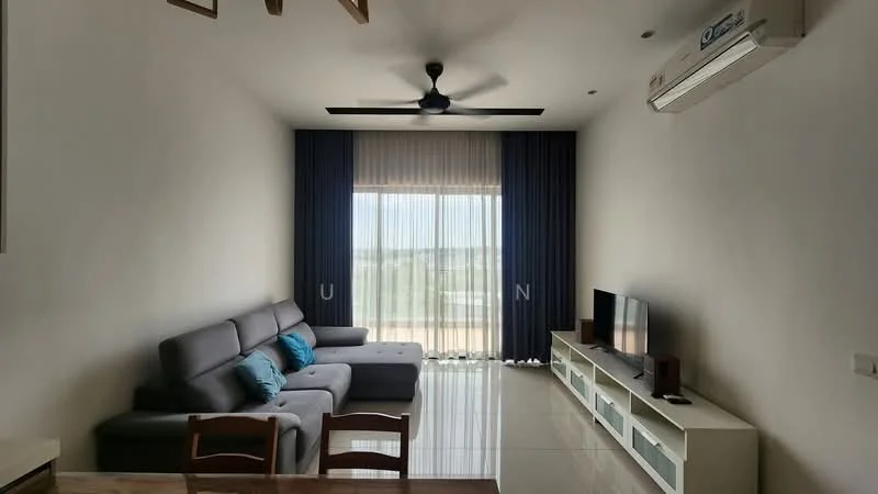 Living features: 3-seater fabric sofa in grey, 2 accent cushions in turquoise, wall-mounted TV, TV console with white cabinetry, floor-to-ceiling windows, sheer curtains, dark blue blackout curtains, ceiling fan with light, recessed downlights, glossy tile flooring, air conditioning unit on wall, decorative wall with minimal decor; style: modern; view: city.