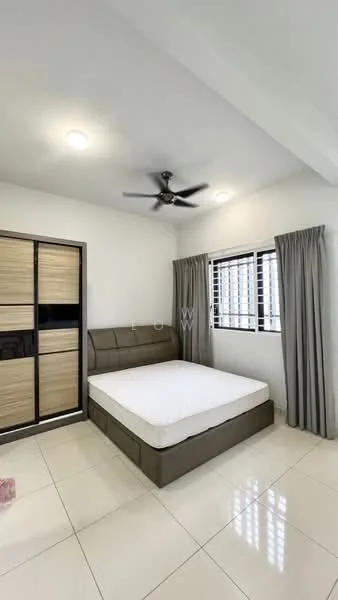 Bedroom features: queen-size bed, upholstered headboard, built-in wardrobe with sliding doors, floor-to-ceiling windows, grey curtains, white painted walls, recessed downlights, ceiling fan, glossy tile flooring; style: modern.